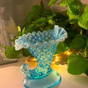 FENTON Opalescent Blue Opalescent Hobnail Ruffled Candlestick Holder Cornucopia